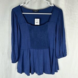 NWT Navy Blue Puff Sleeve Smocked Blouse -Size Medium